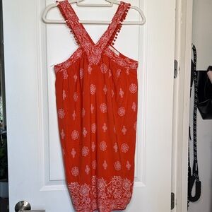 LOFT Orange Printed Pom-Trim Sundress